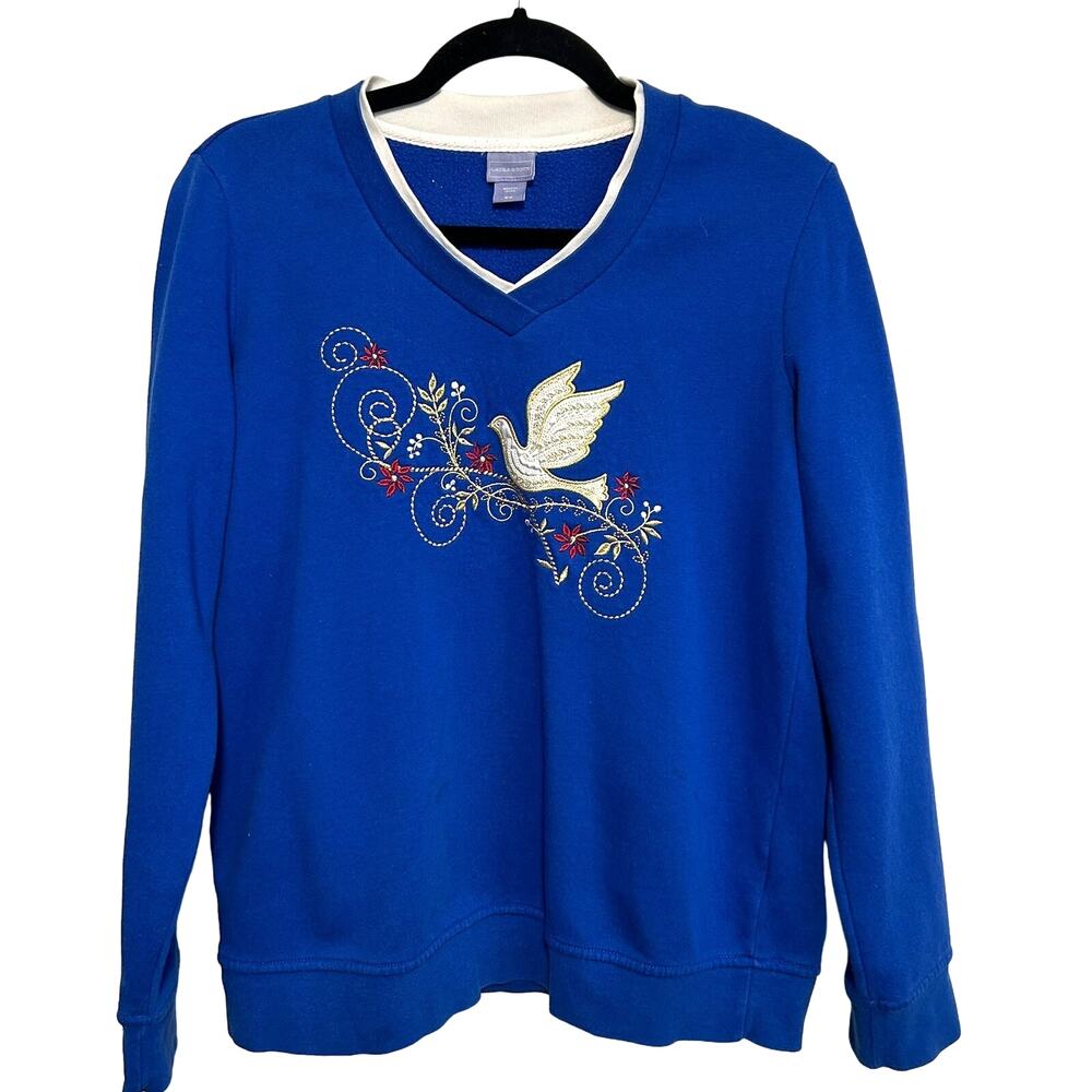 Vintage Laura Scott Royal Blue Embroidered Dove M Holiday Sweater 90s Christmas